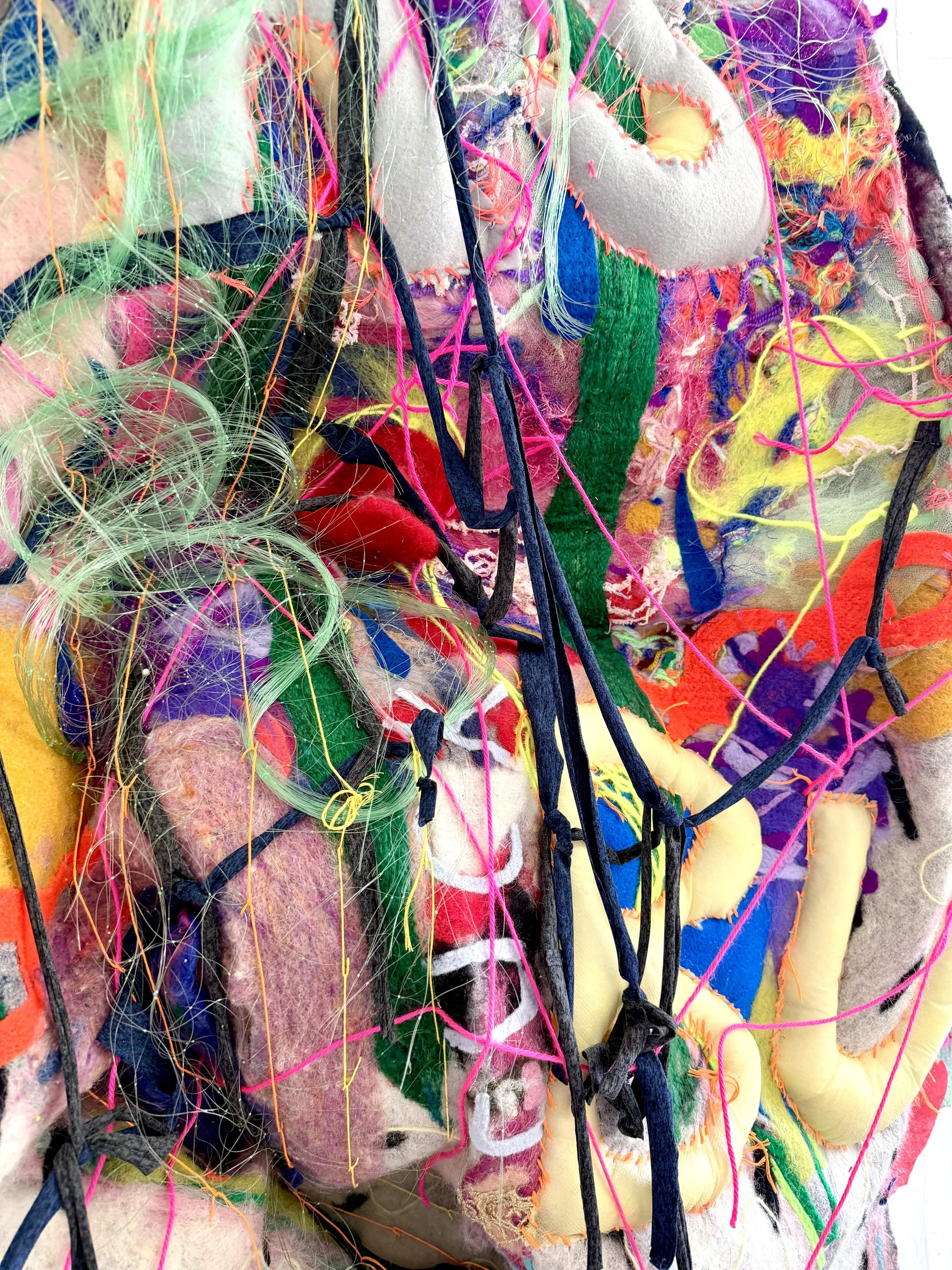Emily Silver|As It Burns (detail)|2026|Wood, wool, cotton, netting, acrylic|59x51x17 Inches