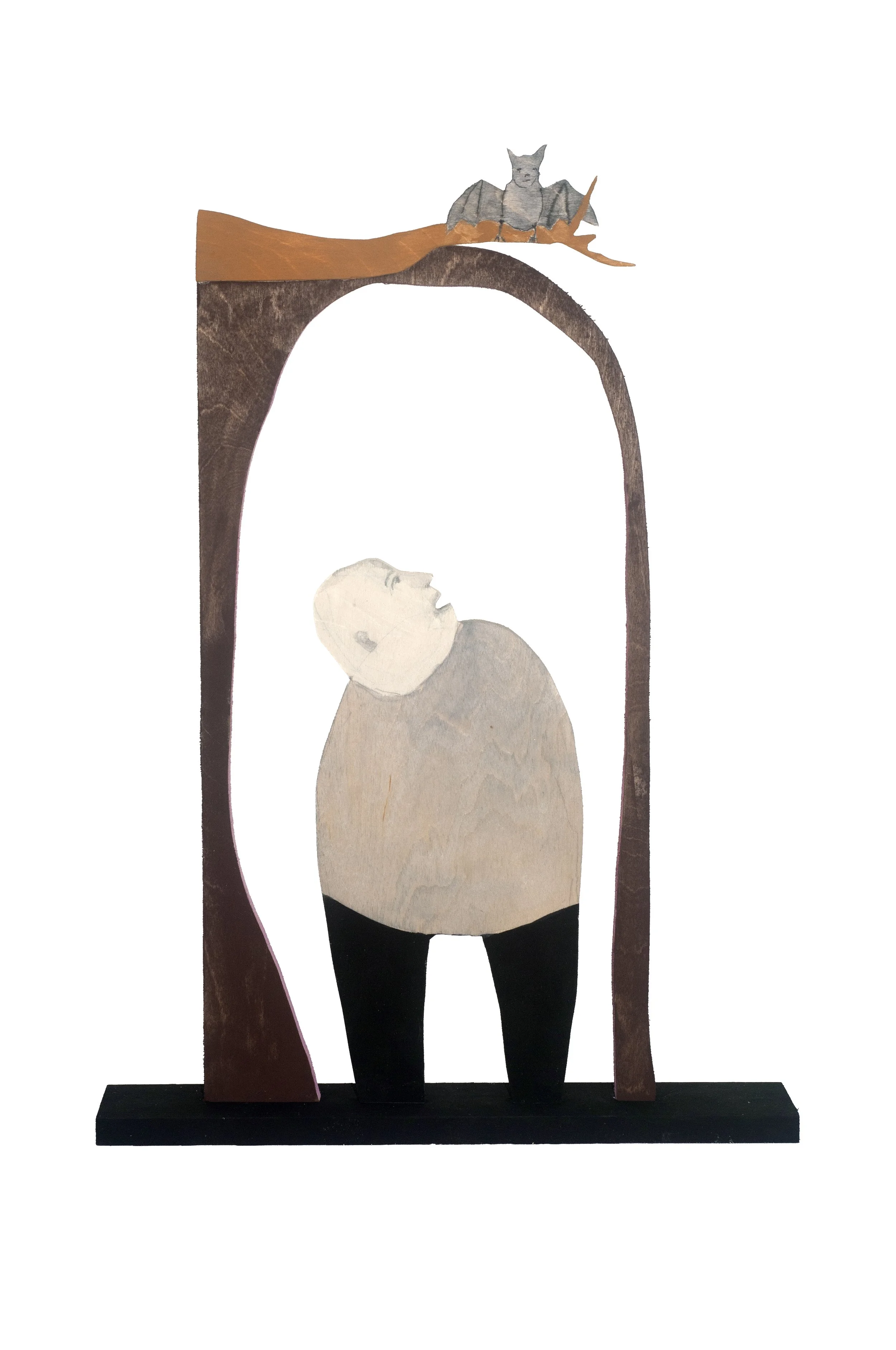 Jon Huck|Bat on Branch|2025|Mixed Media on Wood|17x13 Inches