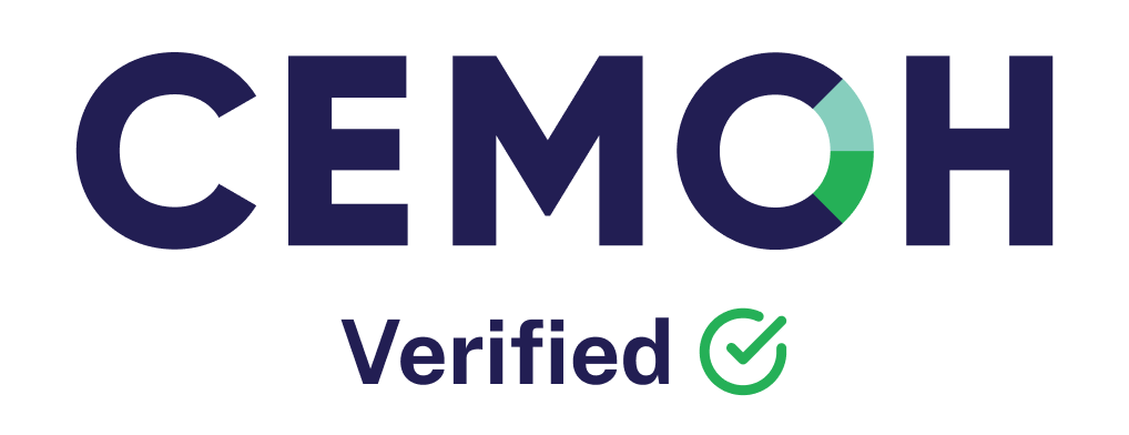 CEMOH Verified badge featuring the word 'CEMOH' with a pie chart integrated into the letter 'O' and a green check mark with the word 'Verified' below.