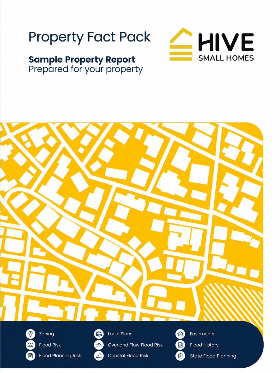 Cover page of a property report with a yellow and white map background, titled "Property Fact Pack" for "HIVE Small Homes," featuring icons for zoning, flood risk, flood planning risk, local plans, overland flow flood risk, coastal flood risk, easements, flood history, and state flood planning.