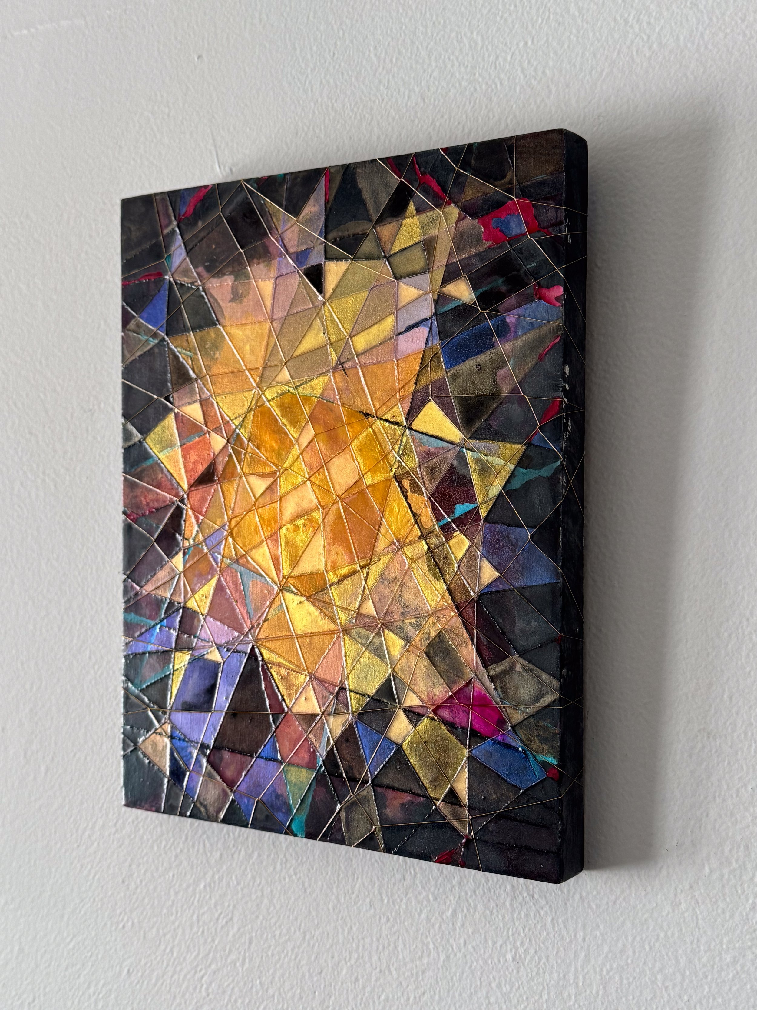 OBSCURA STELLA, 2025, 8”x10” Acrylic, Watercolor and String on Wood, Side.