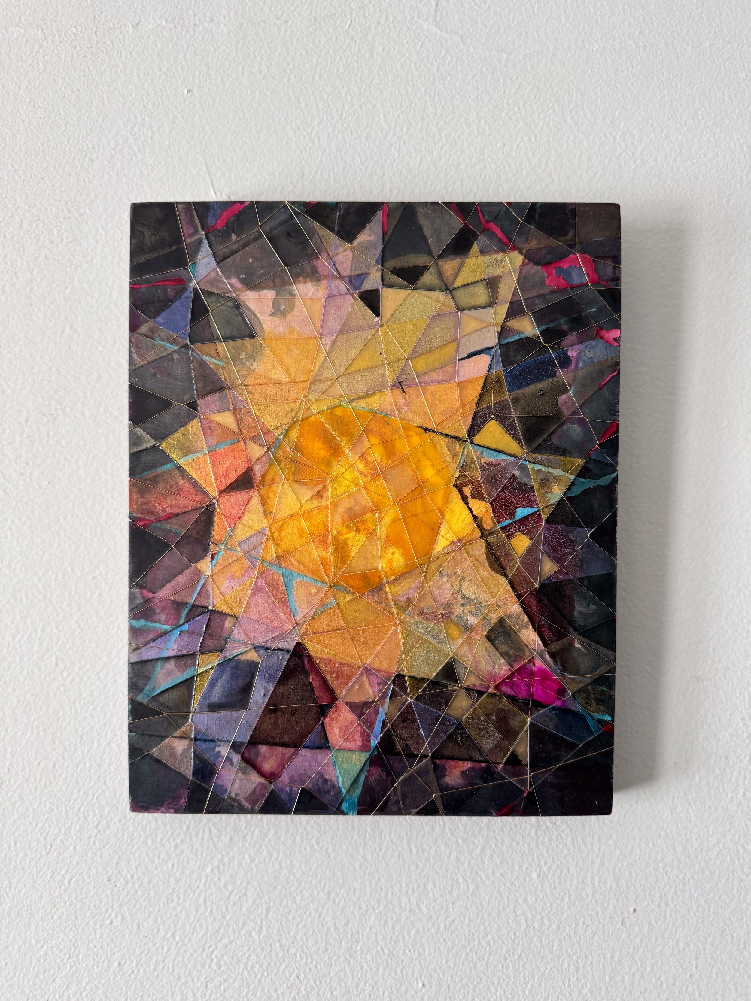 OBSCURA STELLA, 2025, 8”x10” Acrylic, Watercolor and String on Wood, Front.