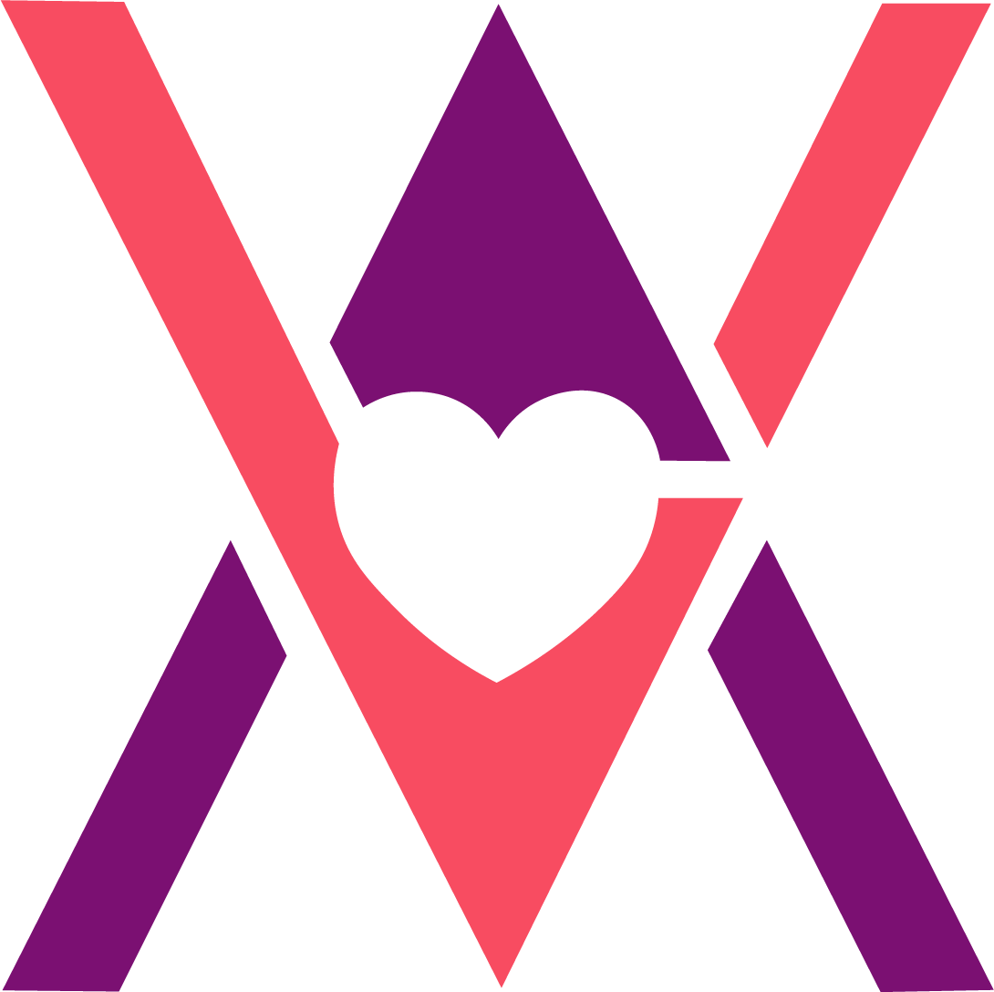 Abstract logo with overlapping pink and purple V shapes and a black heart at the center.