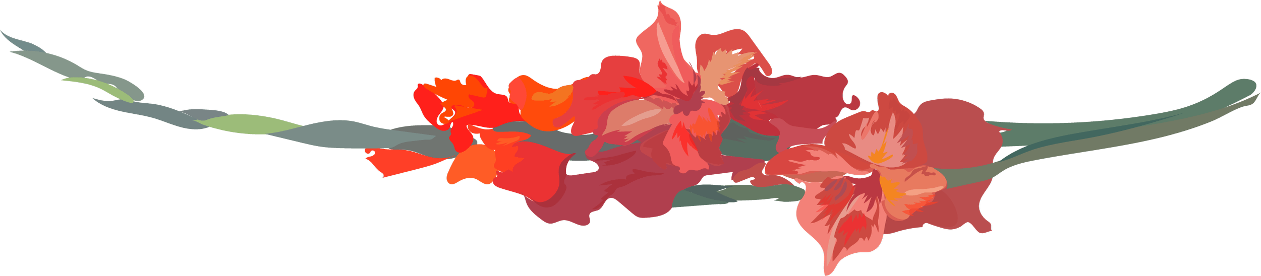 Illustration of a pink and red flower with green stem and leaves against a muted background.