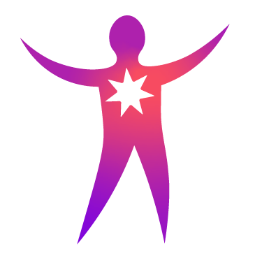 Stylized human figure with arms raised, gradient pink and purple color, with a white star-shaped symbol in the chest area.