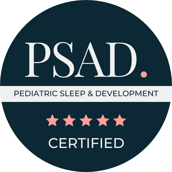 PSAD Certified Pediatric Sleep and Development badge with five pink stars