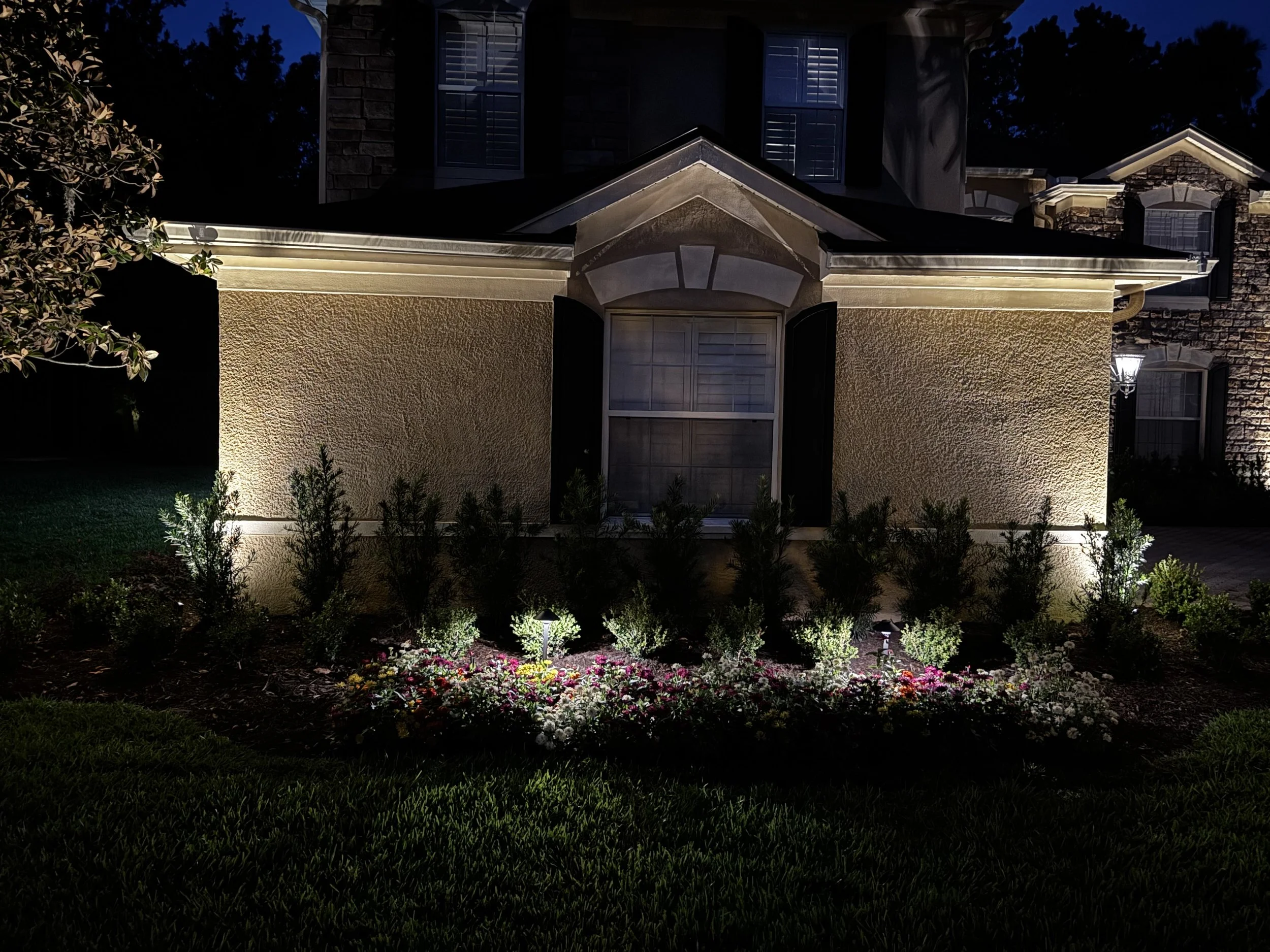 Night view of a house's front yard illuminated by exterior lights, with a flower bed and small shrubs in the foreground.