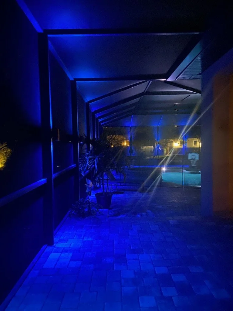 Nighttime view of a covered patio with potted plants, illuminated by blue lighting, overlooking a backyard pool area with a basketball hoop in the distance.
