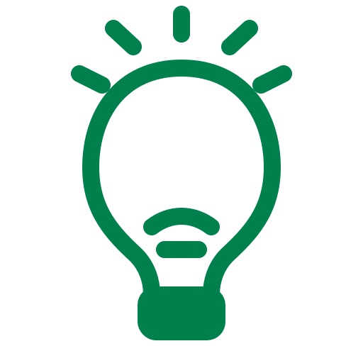 Icon of a lightbulb with rays indicating illumination, depicted in green.