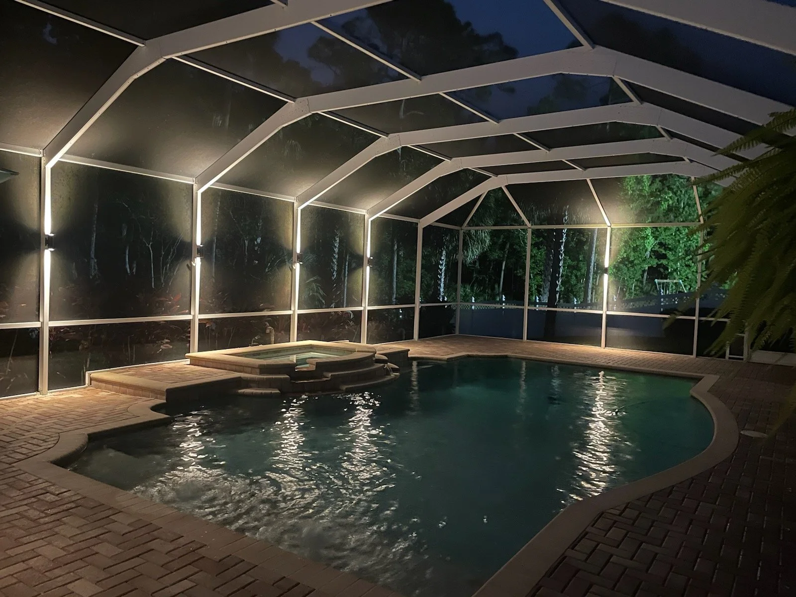 Enclosed backyard pool area at night with a swimming pool, hot tub, brick patio, and trees outside the screened enclosure, illuminated by interior lights.
