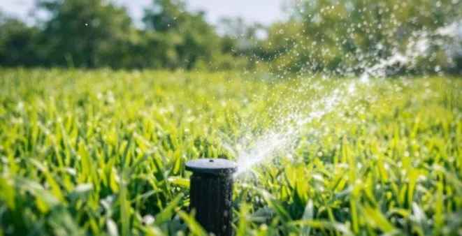 Sprinkler head spraying water on a green lawn during an irrigation system revamp.