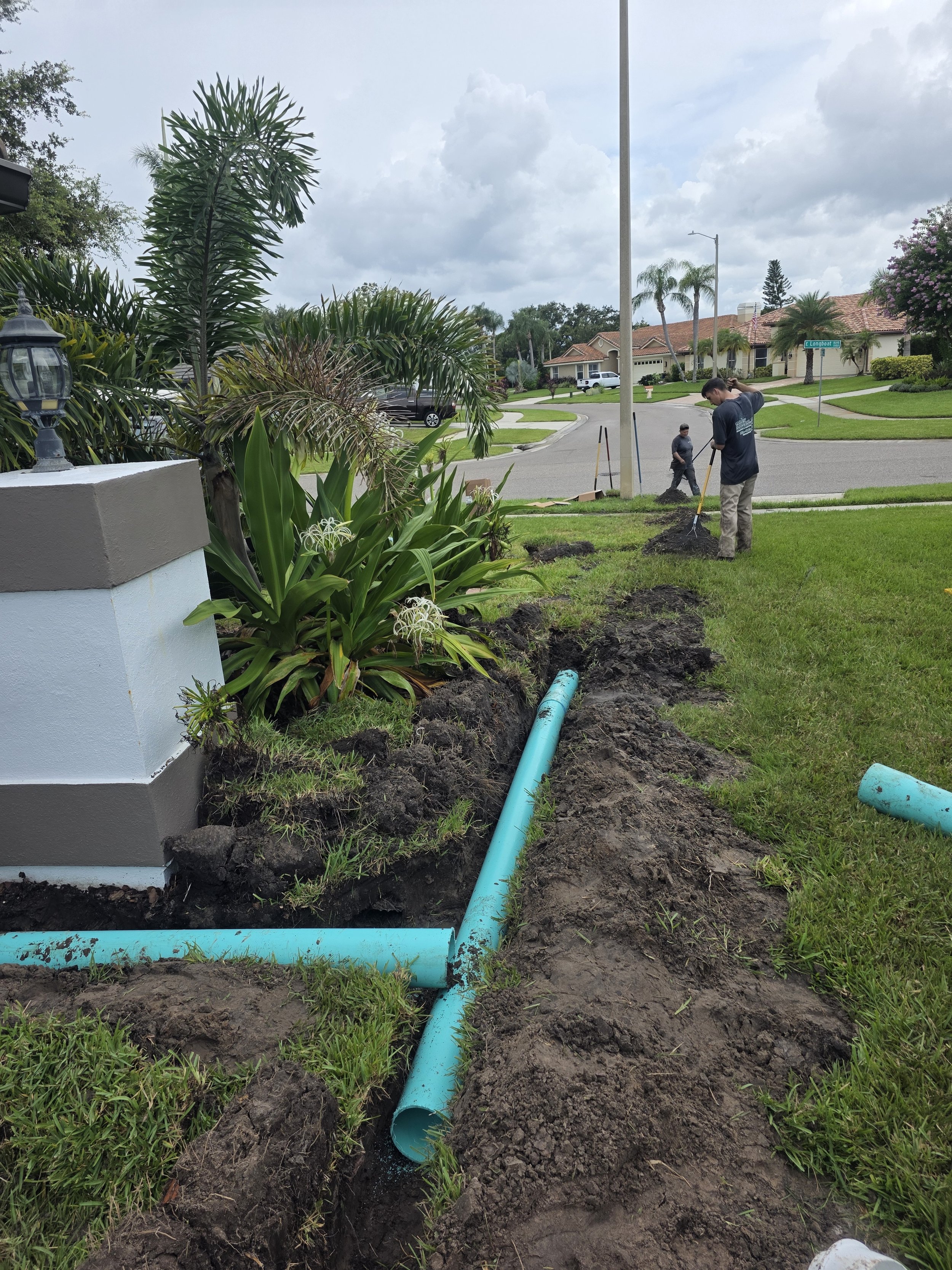 Workers installing or repairing a light blue drainage pipe along a landscaped lawn in a suburban neighborhood, with houses, palm trees, and a cloudy sky in the background.