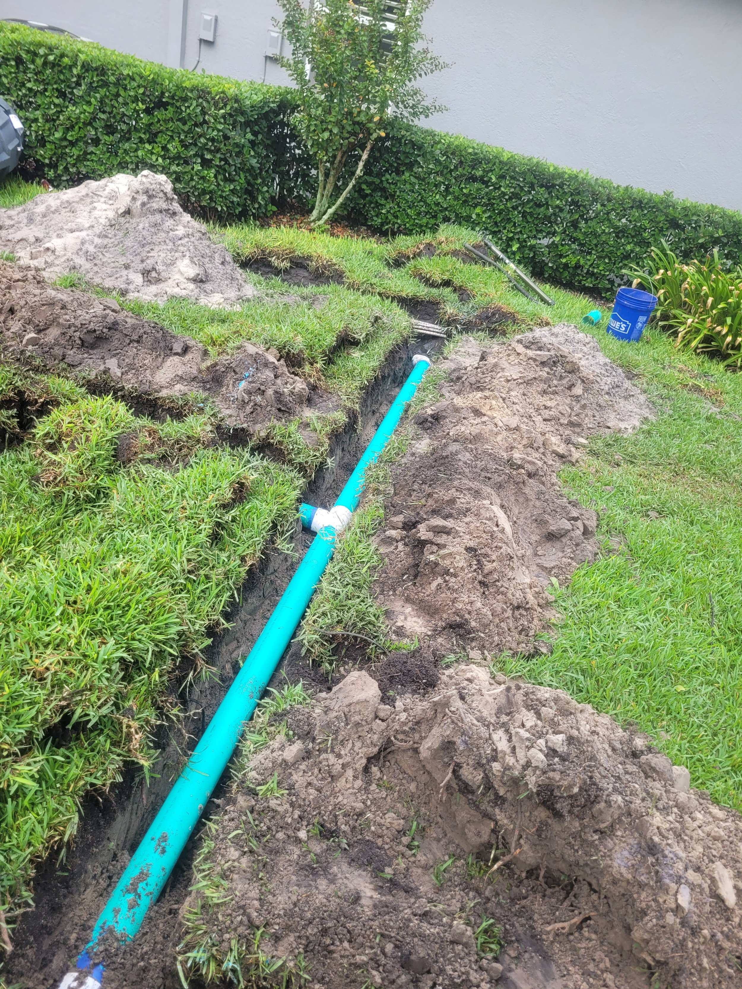 A plumbing repair in a grassy yard, showing a trench dug along a sidewalk with a blue PVC pipe installed, and a blue bucket nearby for tools.