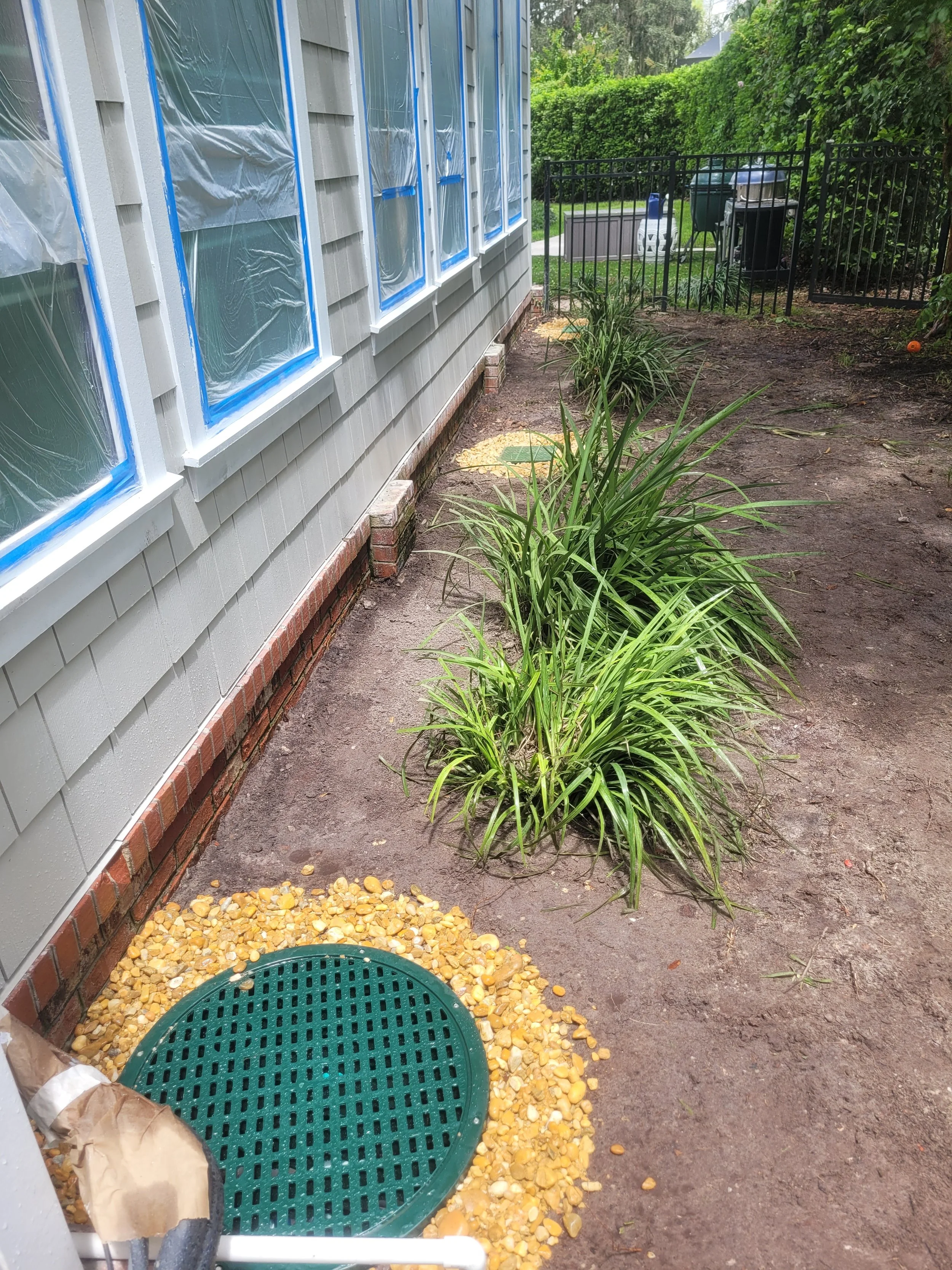 A newly landscaped backyard with plants along the side of a house, a black metal fence, and a lawn area with trees and patio furniture in the background.