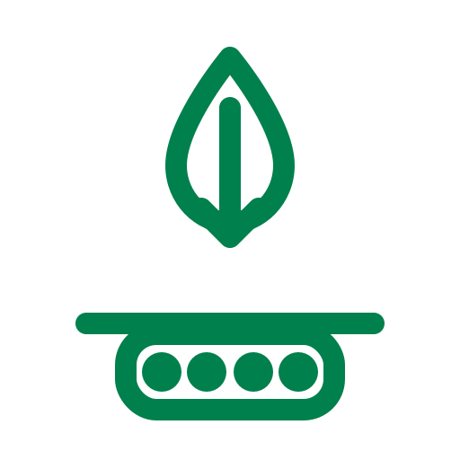 Logo with a leaf icon and a stylized platform with four circles underneath.