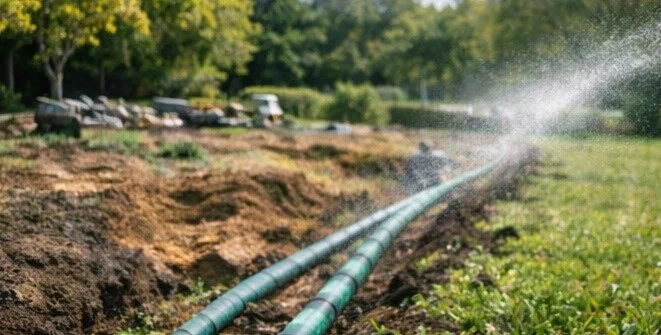 New irrigation lines installed in a trench for a residential sprinkler system.