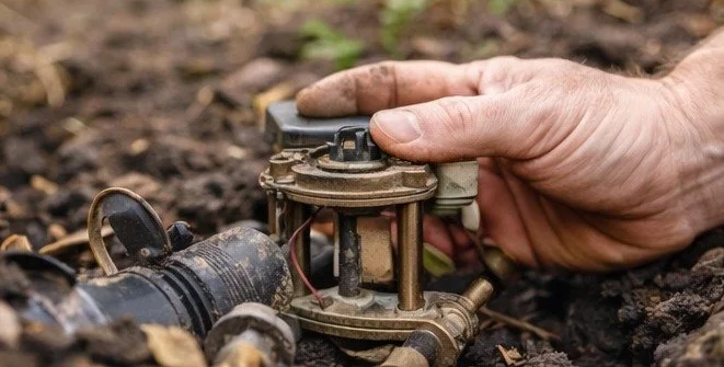 Technician repairing a sprinkler valve in a residential irrigation system.