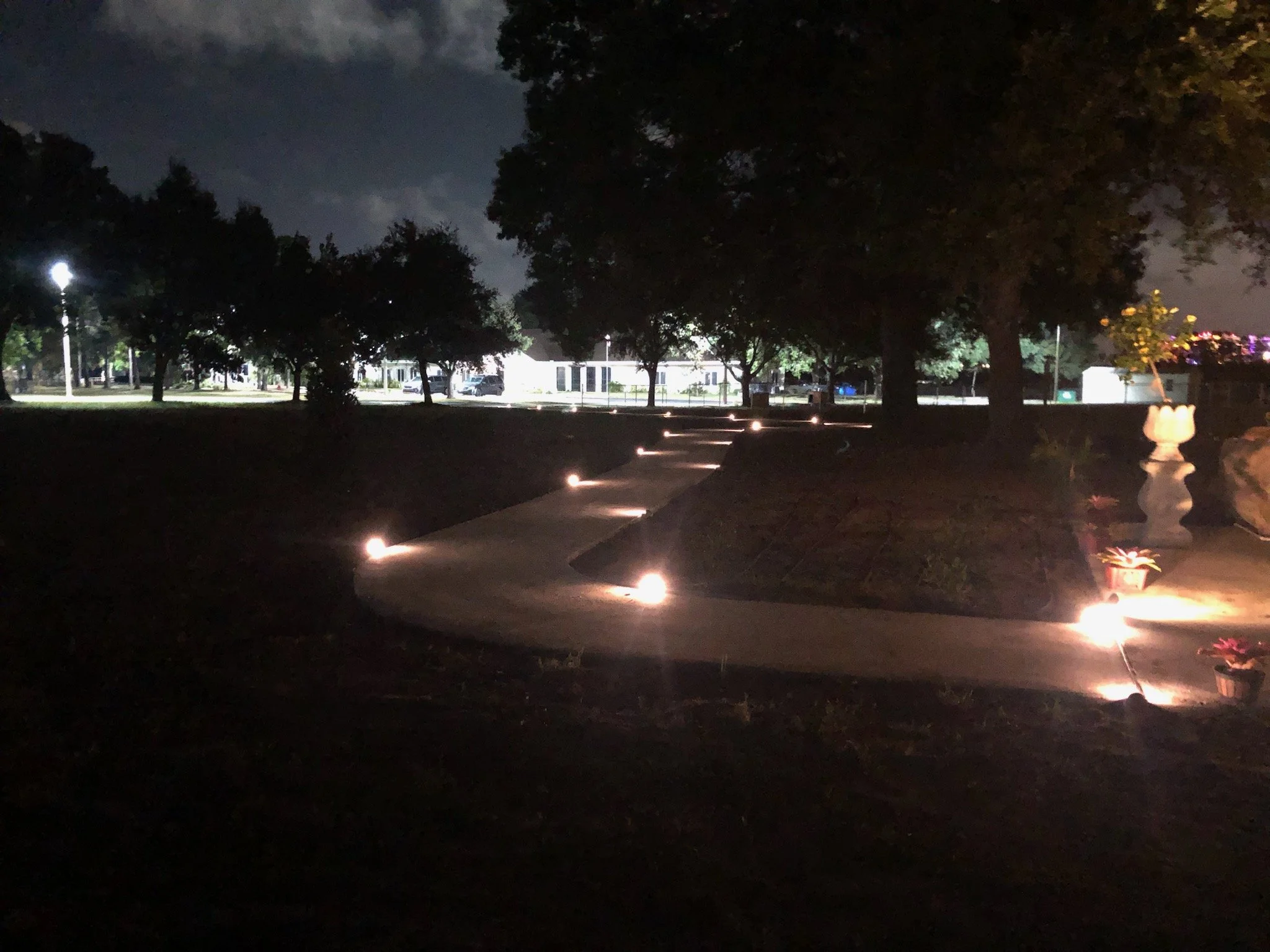 Nighttime scene of a park with a winding pathway illuminated by small ground lights, surrounded by trees and some decorative flower pots.