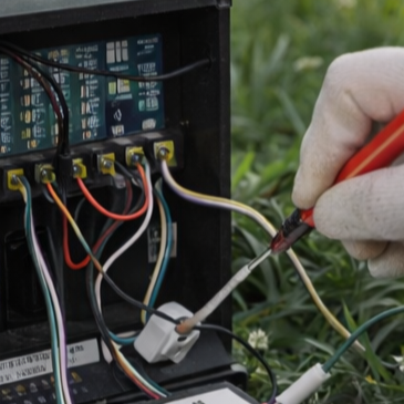 A person wearing a glove connecting wires to an electrical circuit or control panel outdoors with green foliage in the background.