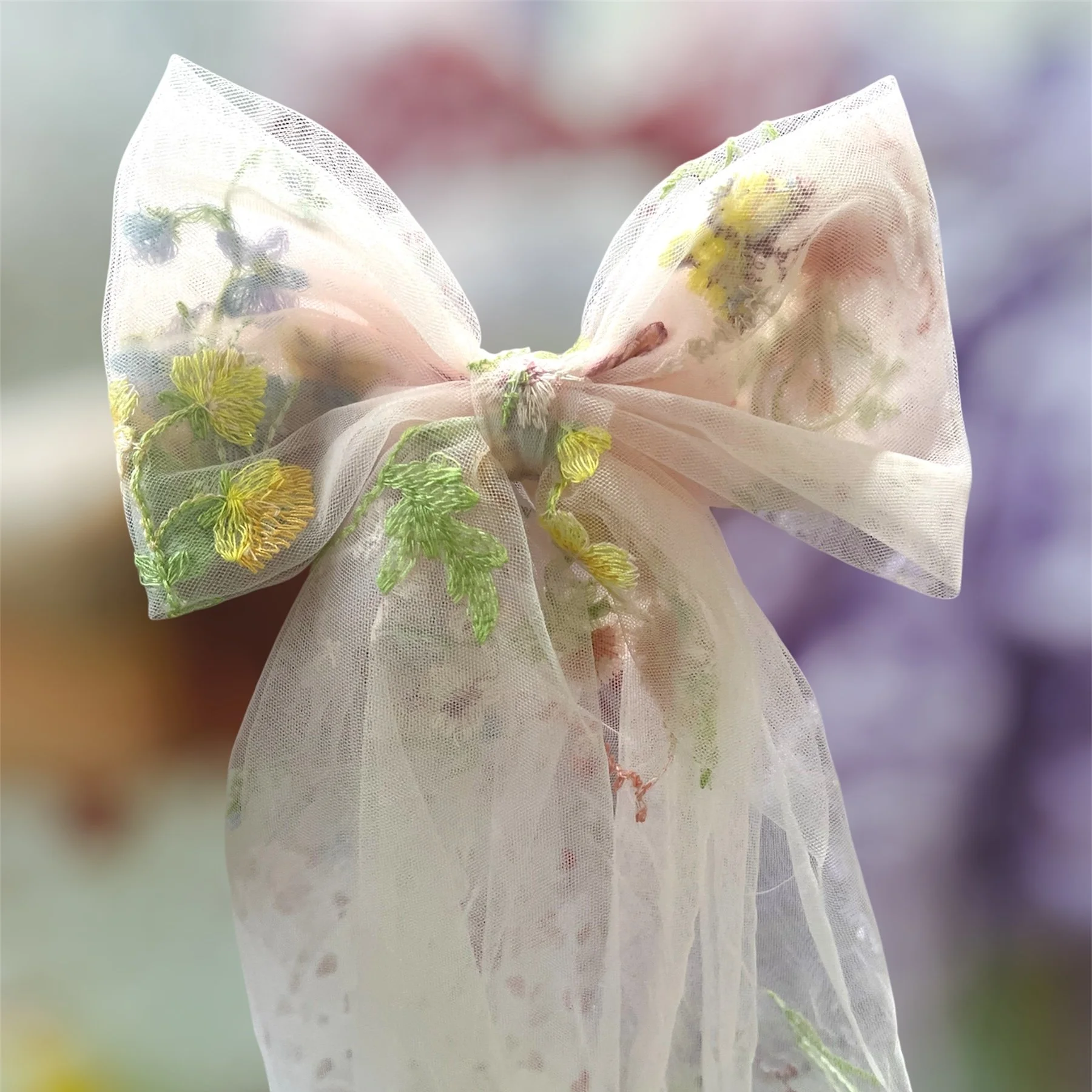 Wildflowers Pink Embroidered Hair Bow