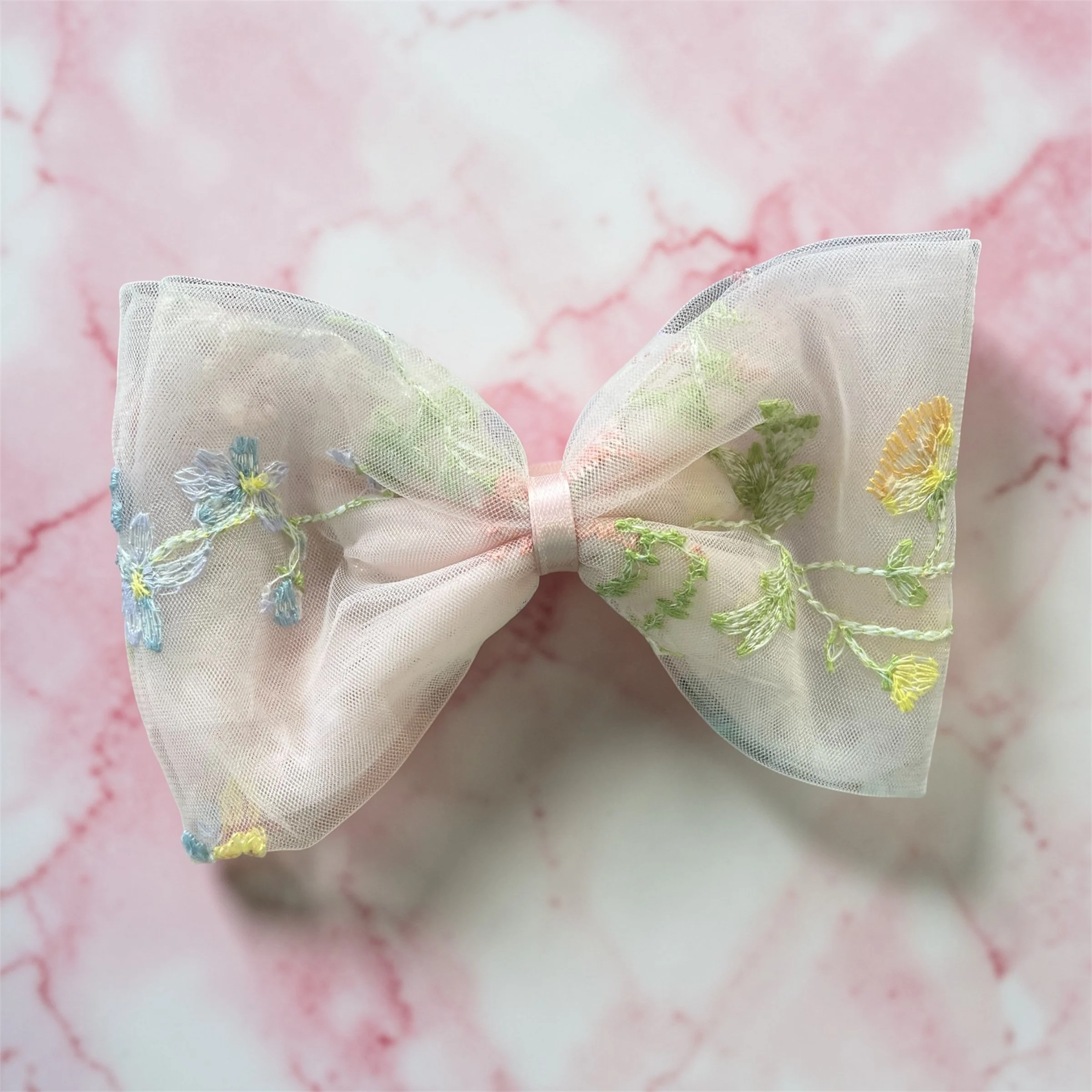 Wildflowers Pink Embroidered Hair Bow (No Tail)