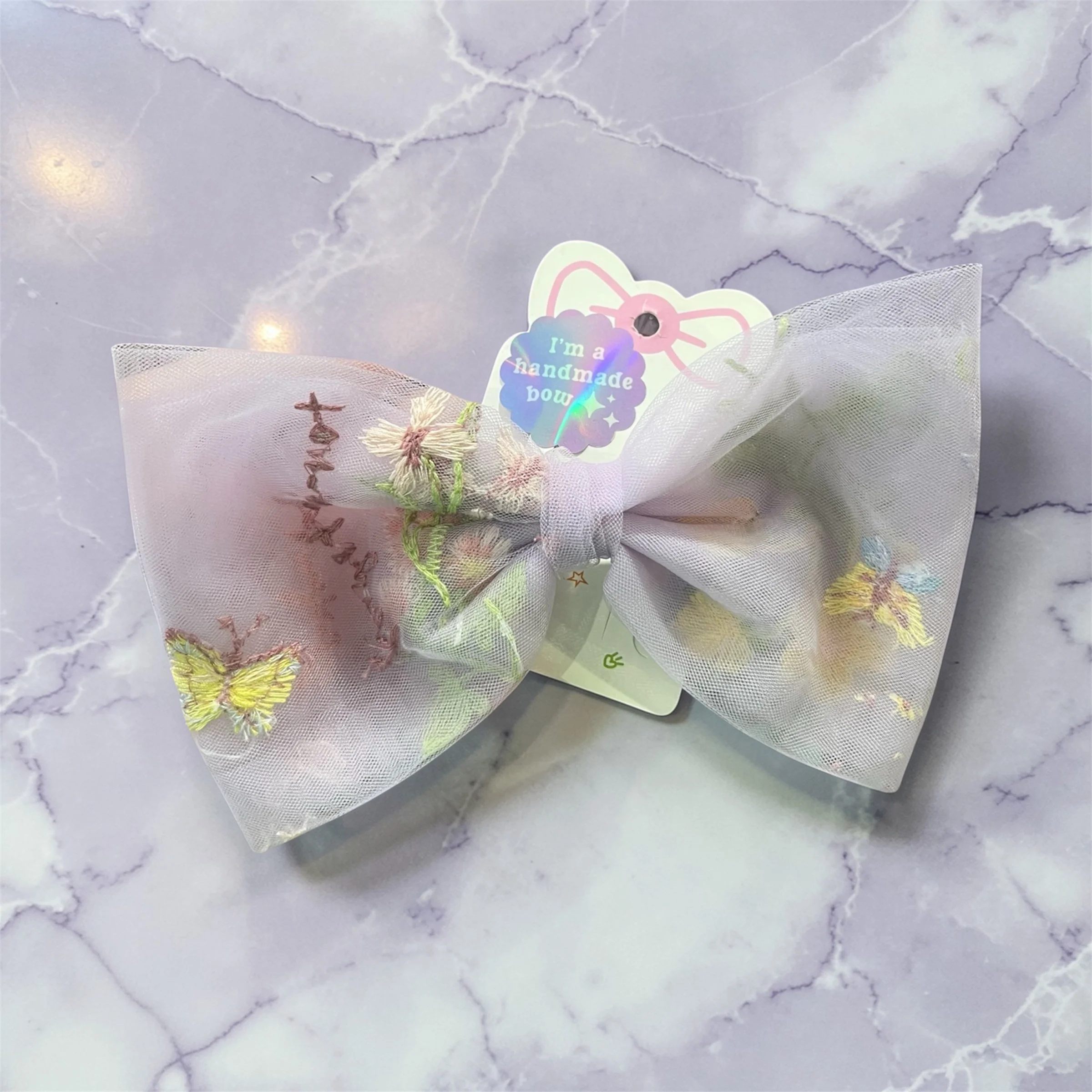 Wildflowers Violet Embroidered Hair Bow (No Tail)