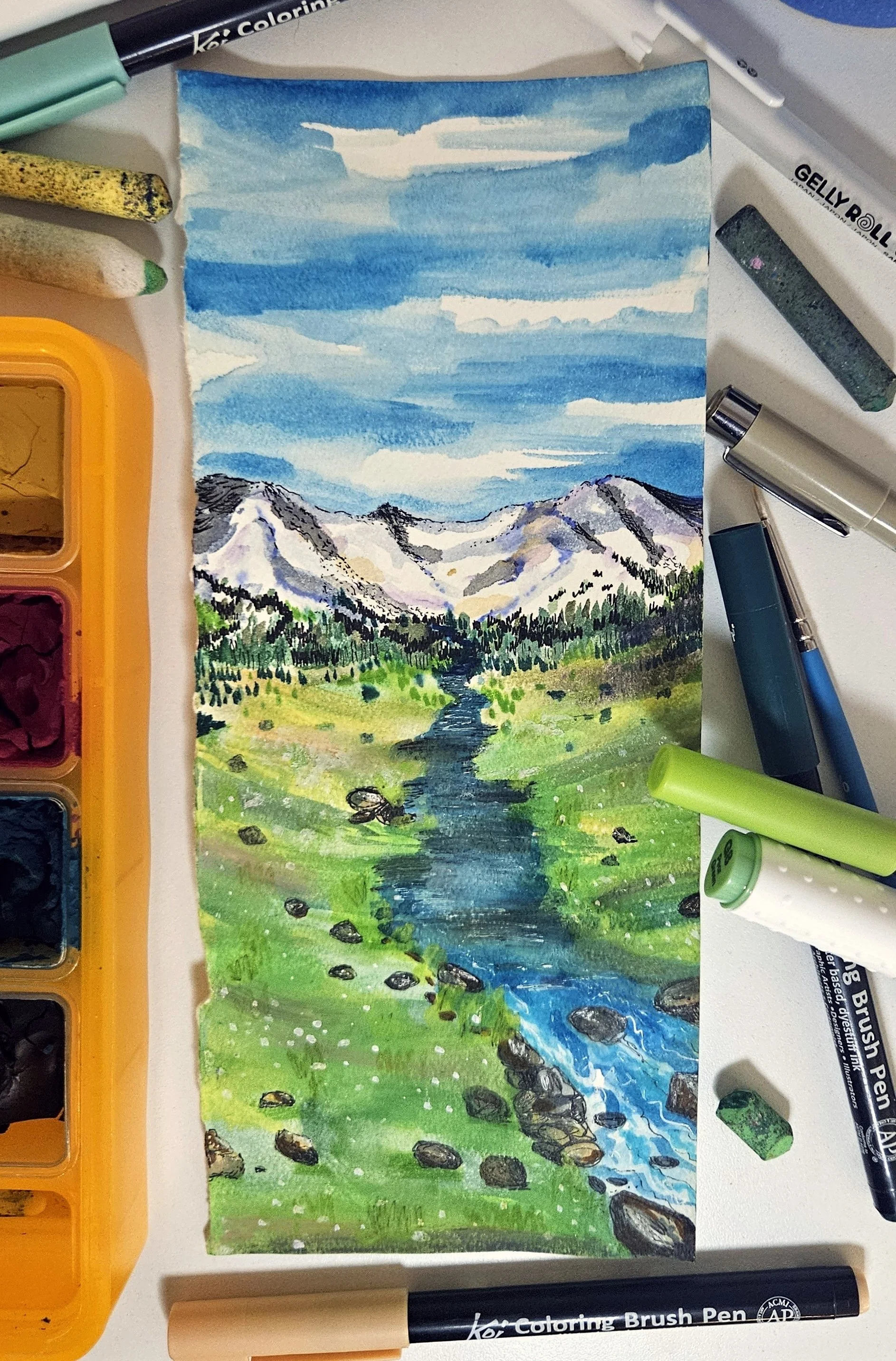 Snowmelt,
Watercolor, gouache, marker, pen, acrylic marker, and oil pastel
2025
Lisa DeLosso © all rights reserved