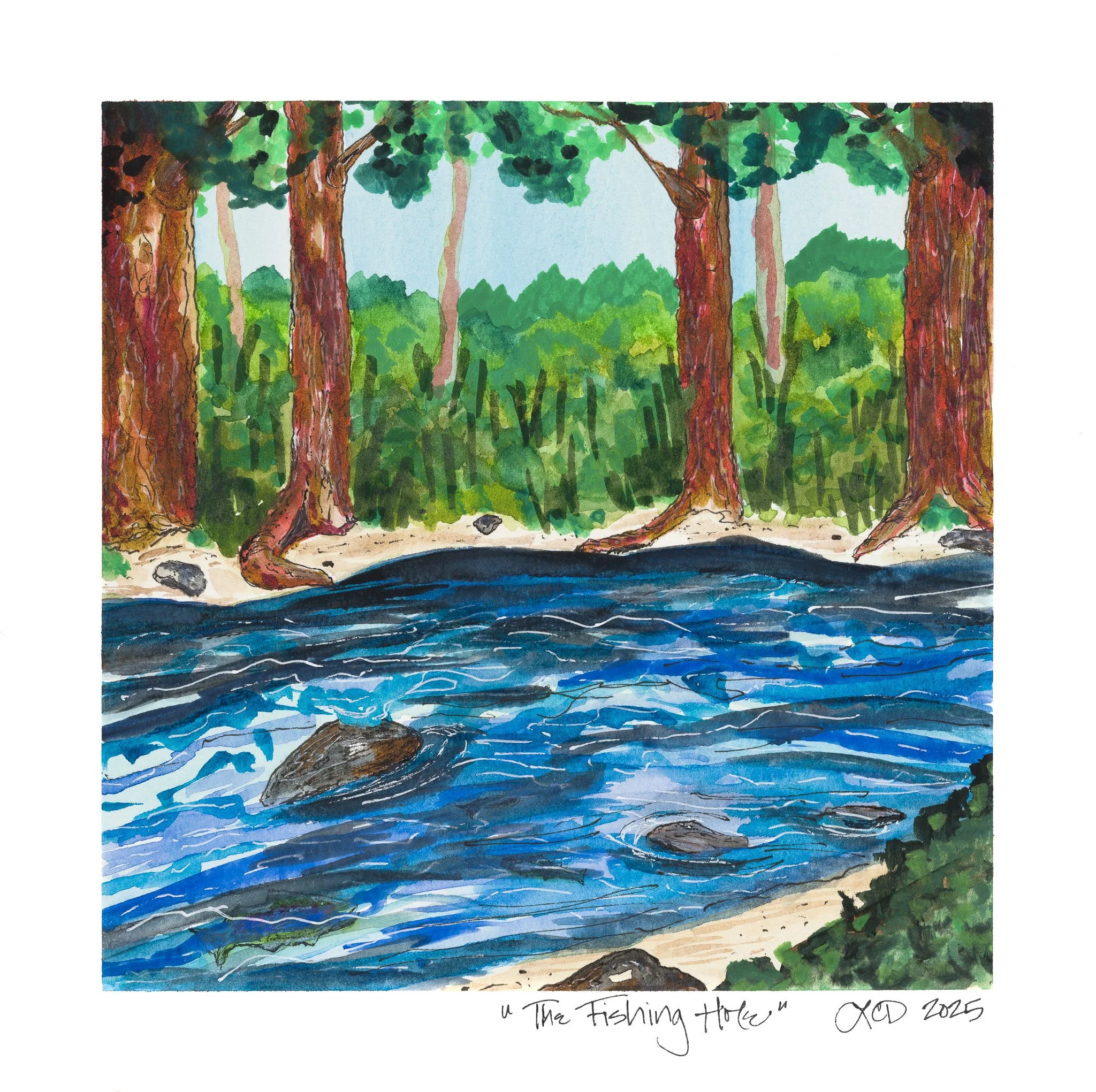 The Fishing Hole,
Watercolor, gouache, marker, and pen
2025
Lisa DeLosso © all rights reserved