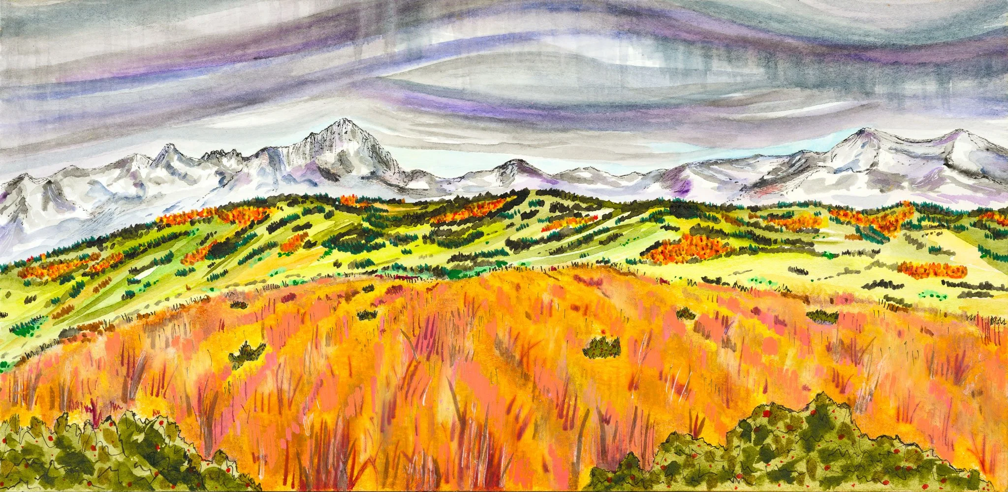 Mountain Harvest,
Watercolor, marker, acrylic marker, oil pastel, and pen
2025
Lisa DeLosso © all rights reserved