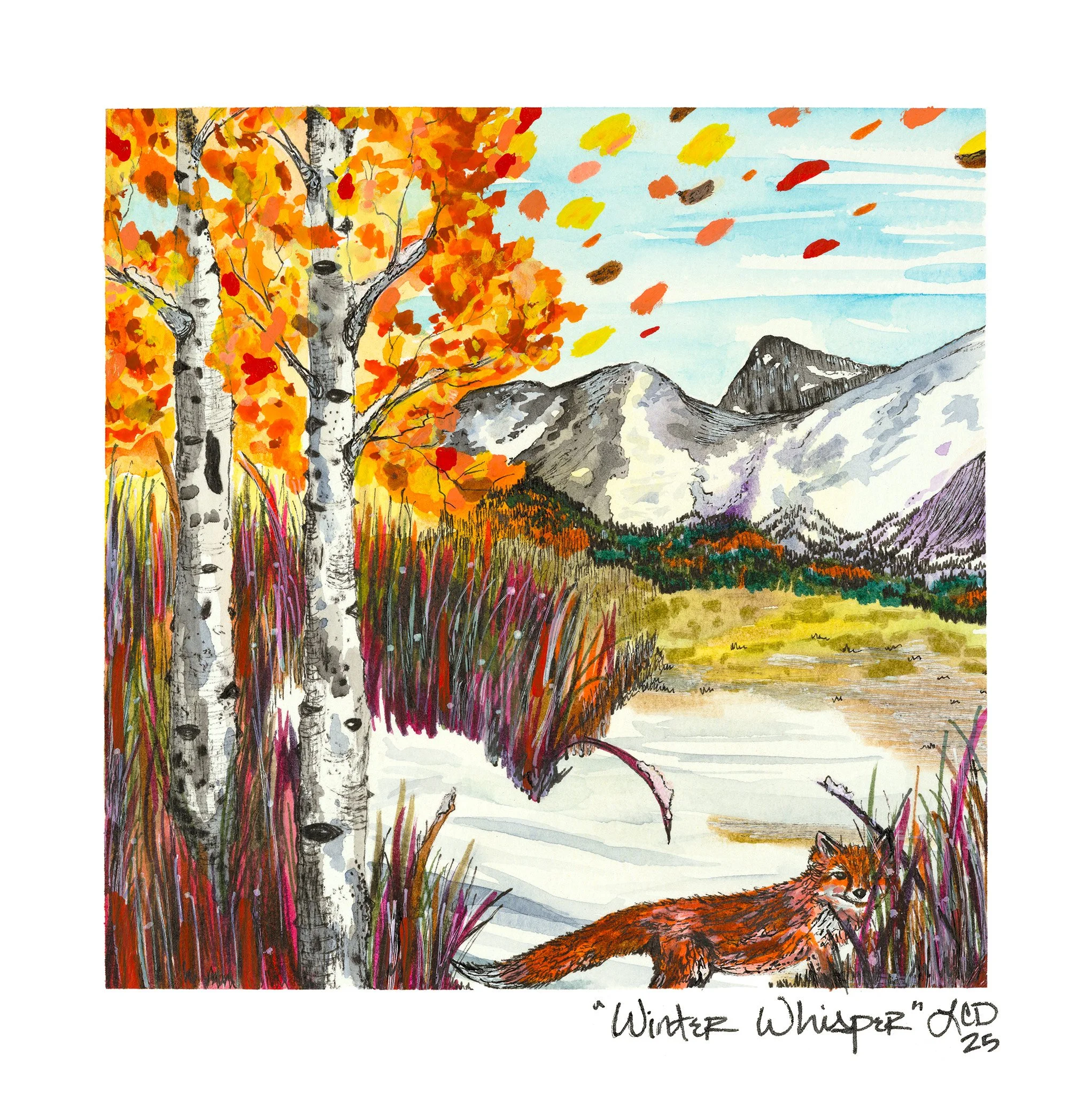 Winter Whisper,
Watercolor, gouache, marker, and pen
2025
Lisa DeLosso © all rights reserved