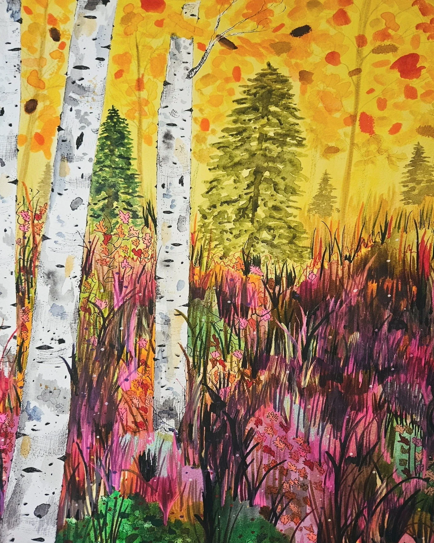 Visitor (detail),
Watercolor, gouache, marker, pen, neon acrylic marker, metallic, oil pastel, and sediment from the bed of the Roaring Fork River
2025
Lisa DeLosso © all rights reserved