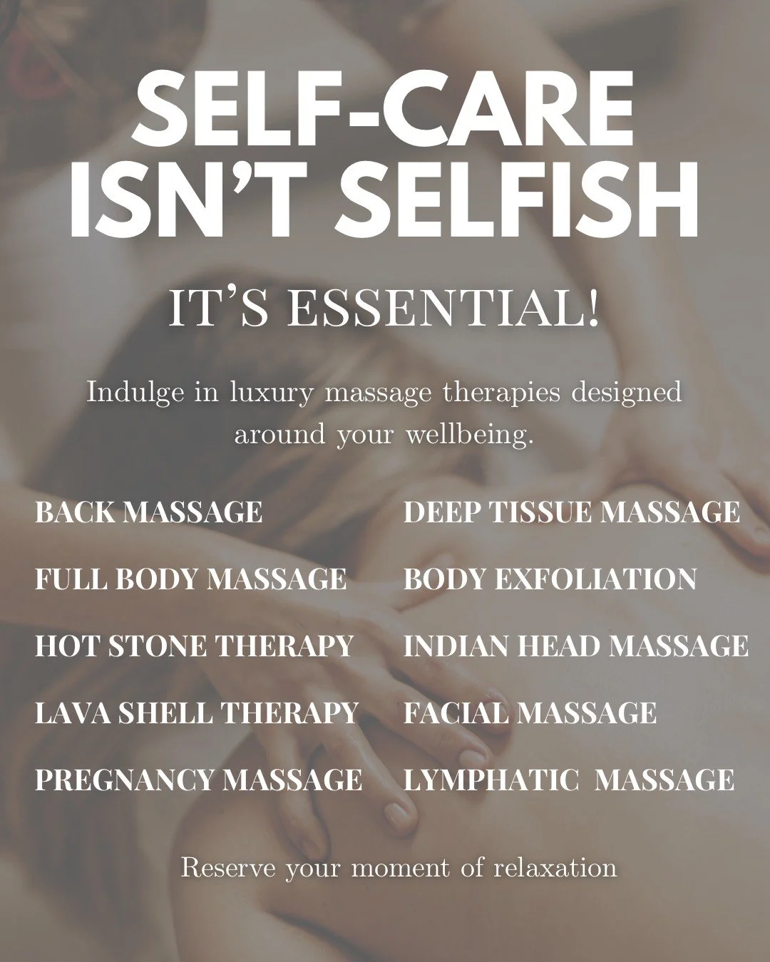 When was the last time you truly switched off? 🤍

Stress, tension, busy schedules&hellip; sometimes your body just needs a little TLC.

From relaxing full body massages to deep tissue, hot stones, Indian head, lymphatic massage and more &mdash; our 