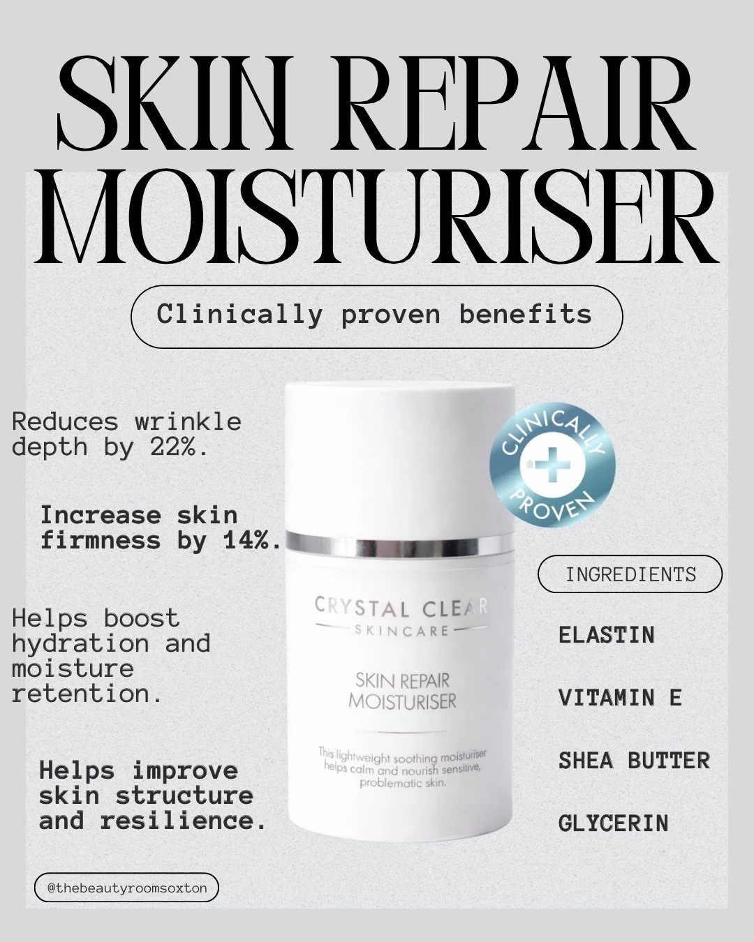 ✨ New look, same skincare favourite ✨

The Crystal Clear Skin Repair Moisturiser has had a little makeover 🤍 &mdash; same much-loved formula, now with its new packaging design.

We use Crystal Clear Skincare throughout our professional facials, and 