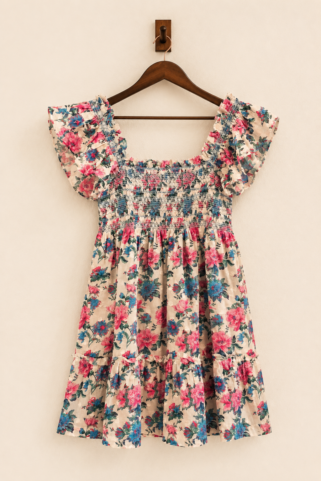 LoveShackFancy Floral Smocked Ruffle Mini Dress – Pink Blue Floral - Excellent Condition - XS