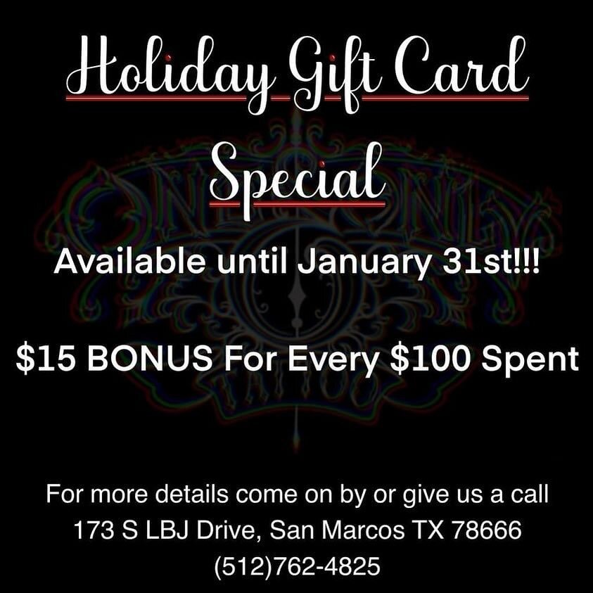 🎄‼️HOLIDAY GIFT CARD SPECIAL‼️🎄

Come get your holiday gifts for your friends and family! We have jewelry and tattoos to fit every style. For every $100 you spend on a gift card, a $15 bonus is added!

#giftcards #holidays #gifts #presents #tattoos