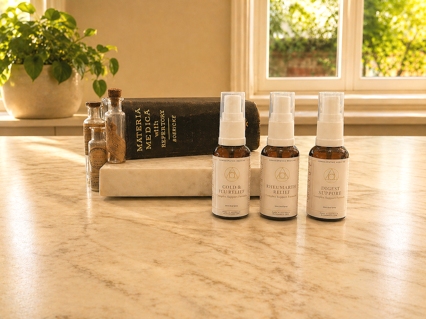 Four amber glass bottles with black dropper caps labeled Alchem{ess} System Support Essence, each indicating different functions like cold + flu, immunity, immune support, and dry cough relief, set on a white cloth with a small drawstring pouch and a handwritten note reading 'Alichem{ess}'.
