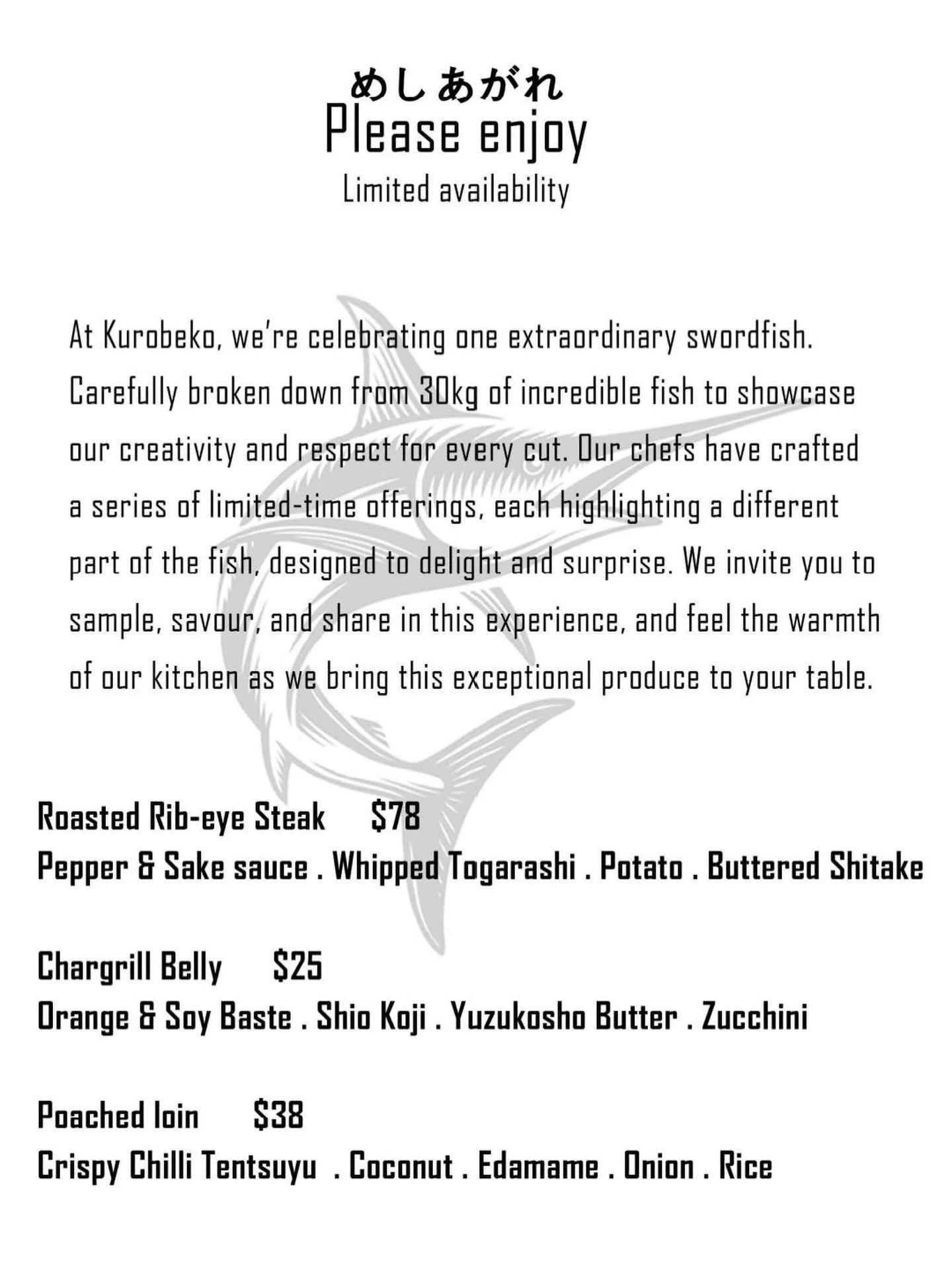 New Special Alert ‼️ 
For the next few weekends until sold out, Kuro Beko is offering 3 specials all from one GIANT 30kg Swordfish. 

Come in, get around it and tell us what you think !!

We&rsquo;ll see you soon @kurobeko_toowoomba 🫰🏻

Bookings vi