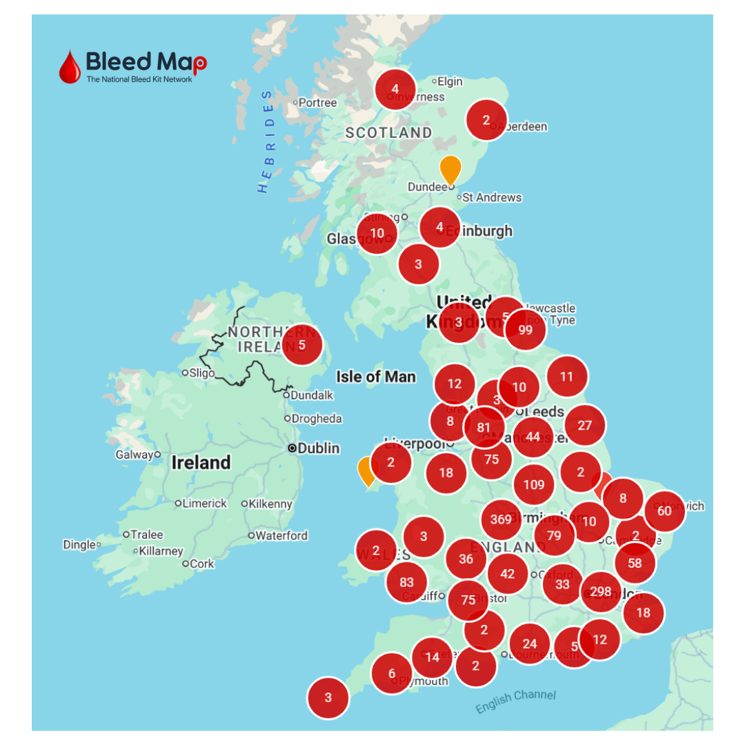 Bleed Map UK showing locations of public bleed control kits to help people find emergency life-saving equipment, which is now signposted in imabi travel guardian app
