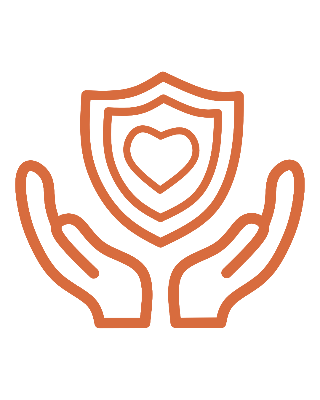 Outlined graphic of two hands holding a shield with a heart symbol in the center.