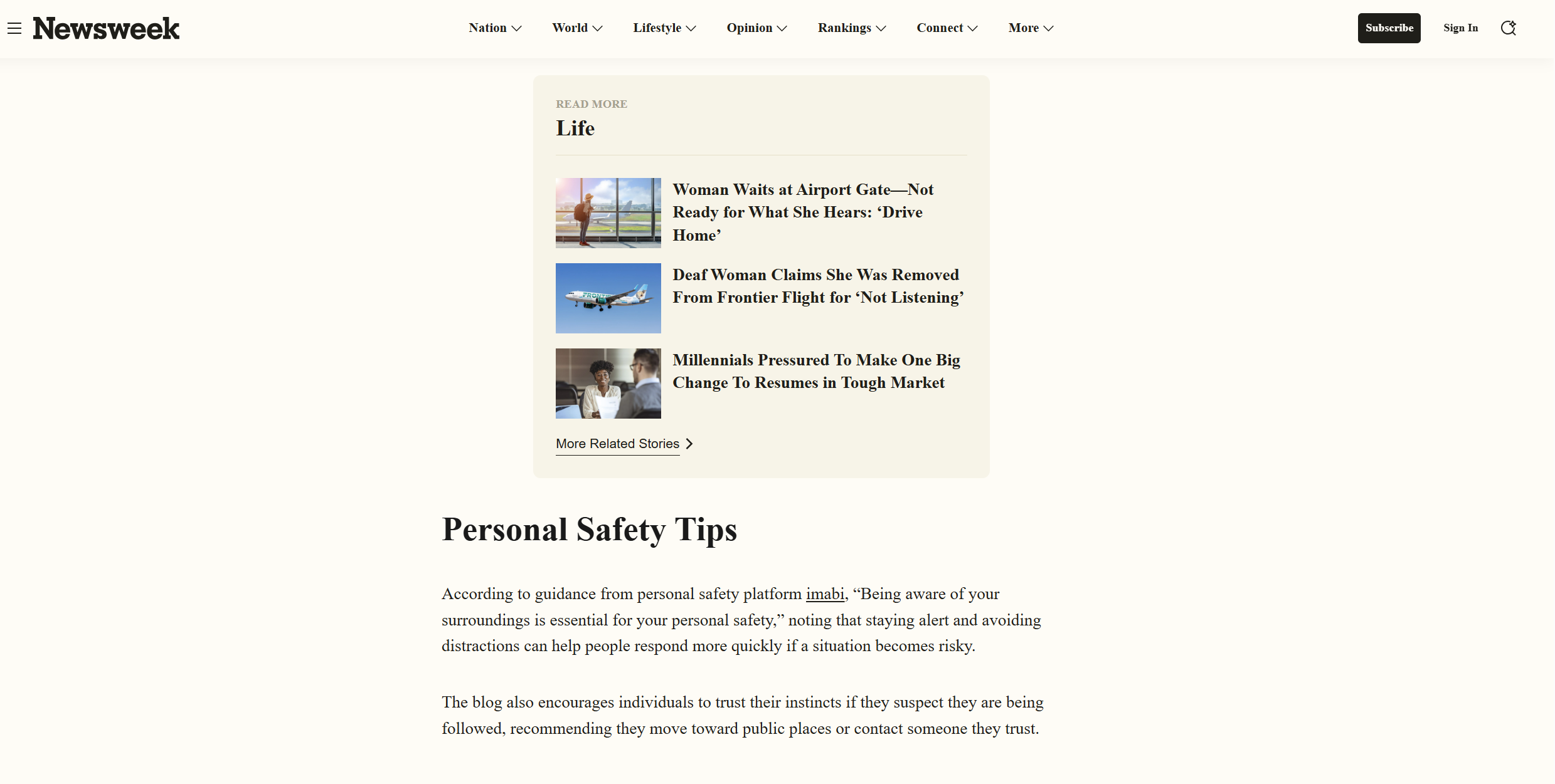 Newsweek article featuring imabi. Article points out to imabi's safety tips blog encouraging individuals to trust their instincts if they suspect they are being followed, recommending they move toward public places or contact someone they trust.