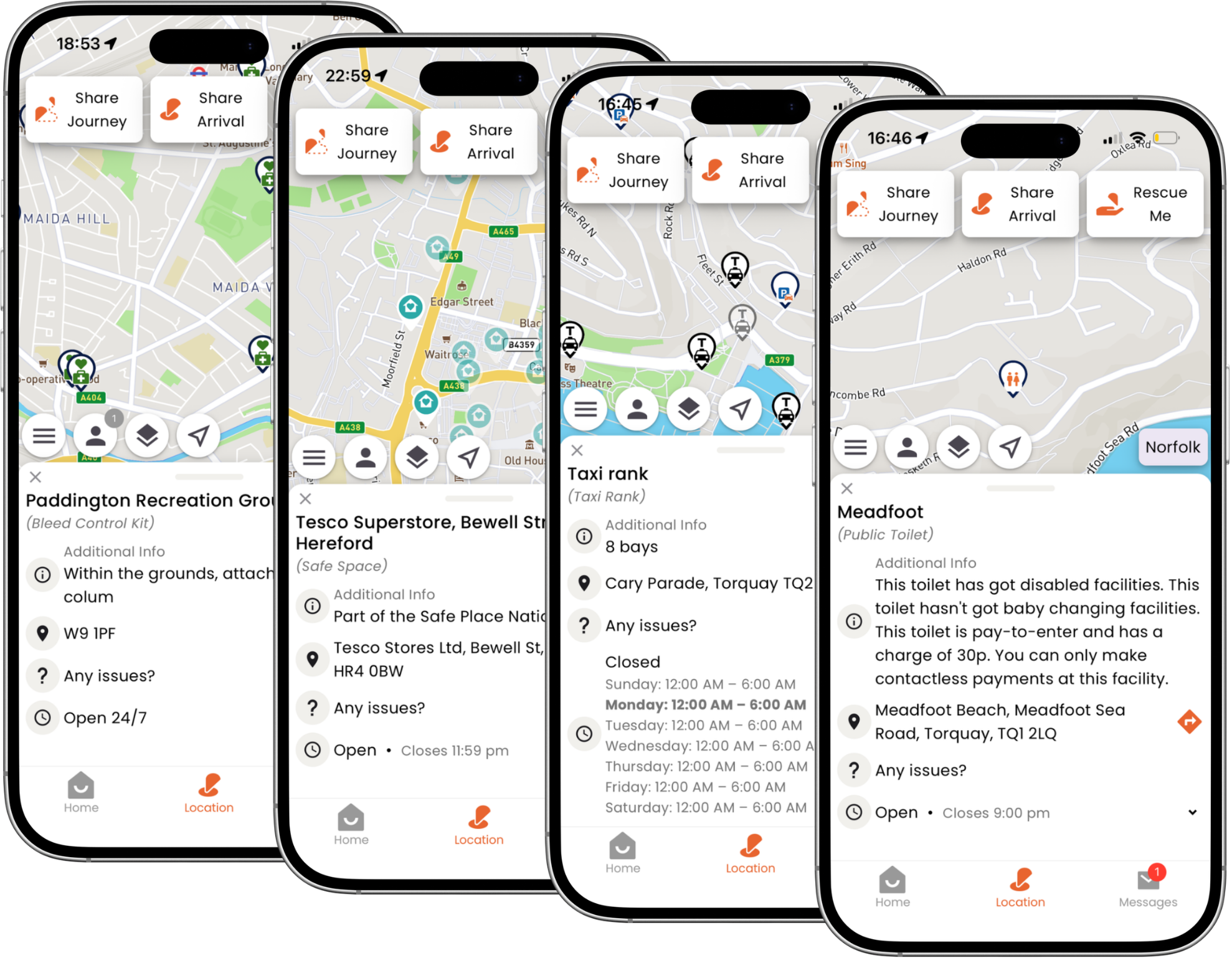 Community assets mapped in Travel Guardian, including a bleed kit, Safe Space, taxi rank and public toilet