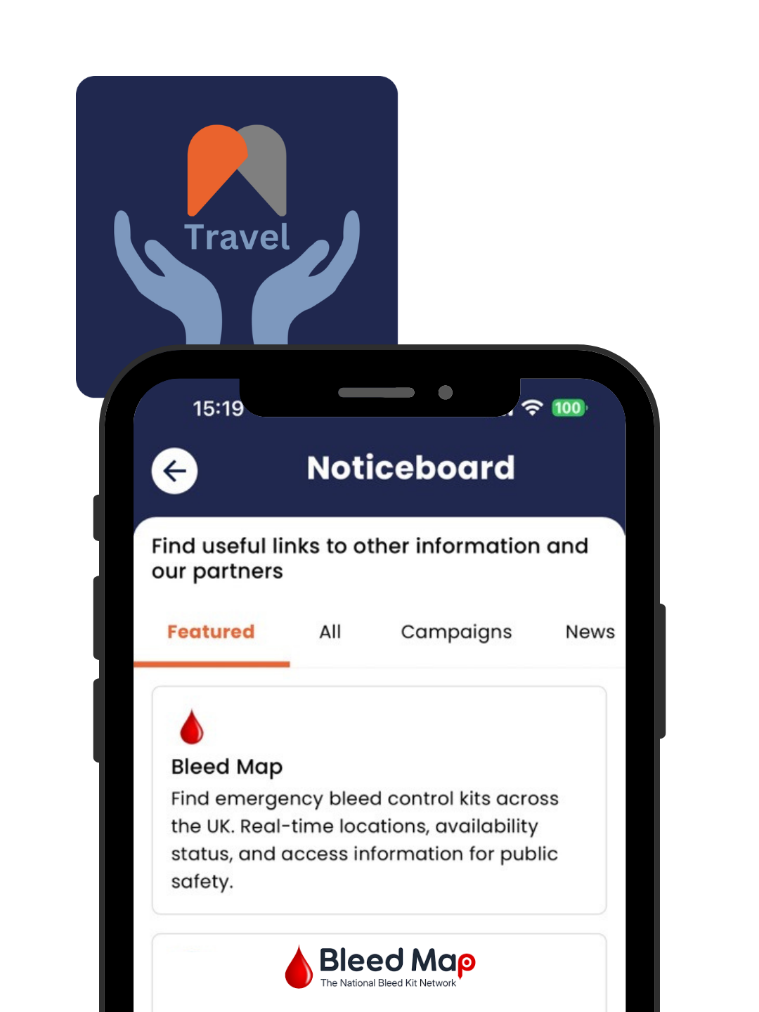 Bleed Map UK (BleedMap) displayed in imabi Travel Guardian app Noticeboard section, helping users find nearby bleed control kits