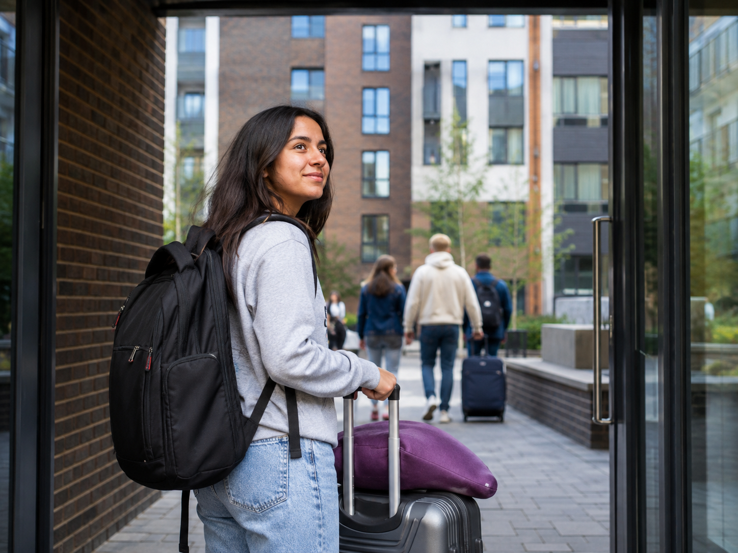 Student arriving at university accommodation with luggage and a backpack, representing the start of Freshers’ Week, independence and settling into university life with confidence.