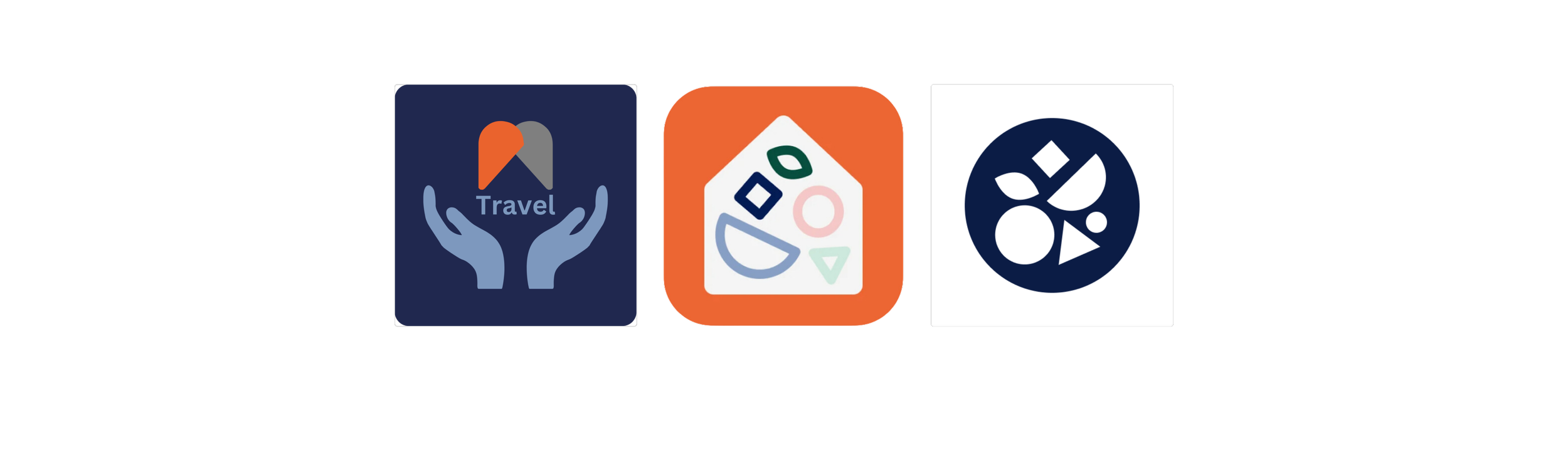 Three abstract logo designs: the first has hands with a map pin and the word "Travel" on a blue background; the second features colorful geometric shapes within an orange frame; the third is a blue circle with various white geometric shapes inside.