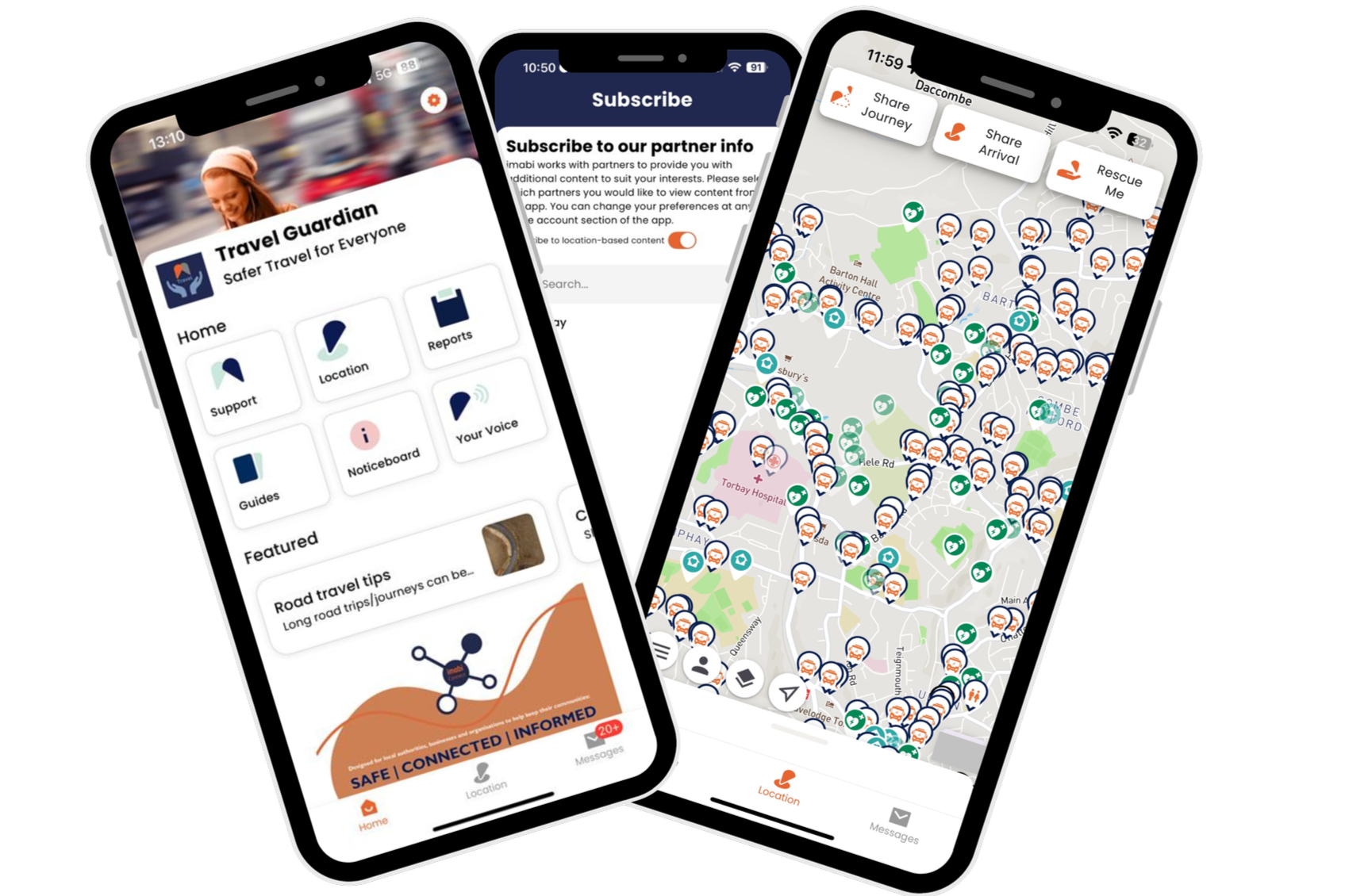 Three smartphone screens showing the Travel Guardian app with journey sharing, local safety mapping, and community updates that help users travel safely and stay connected