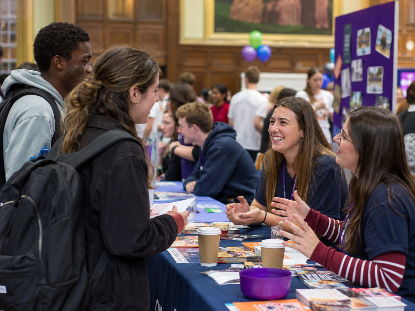 Students speaking with representatives at a university Freshers’ fair, representing welcome activities, student support, wellbeing information and getting involved on campus.