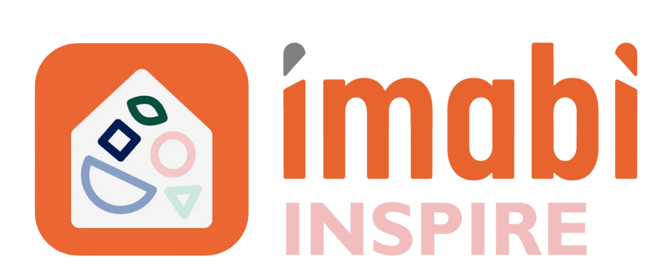Icon with house shape and geometric shapes, orange background, text 'imabi INSPIRE'.