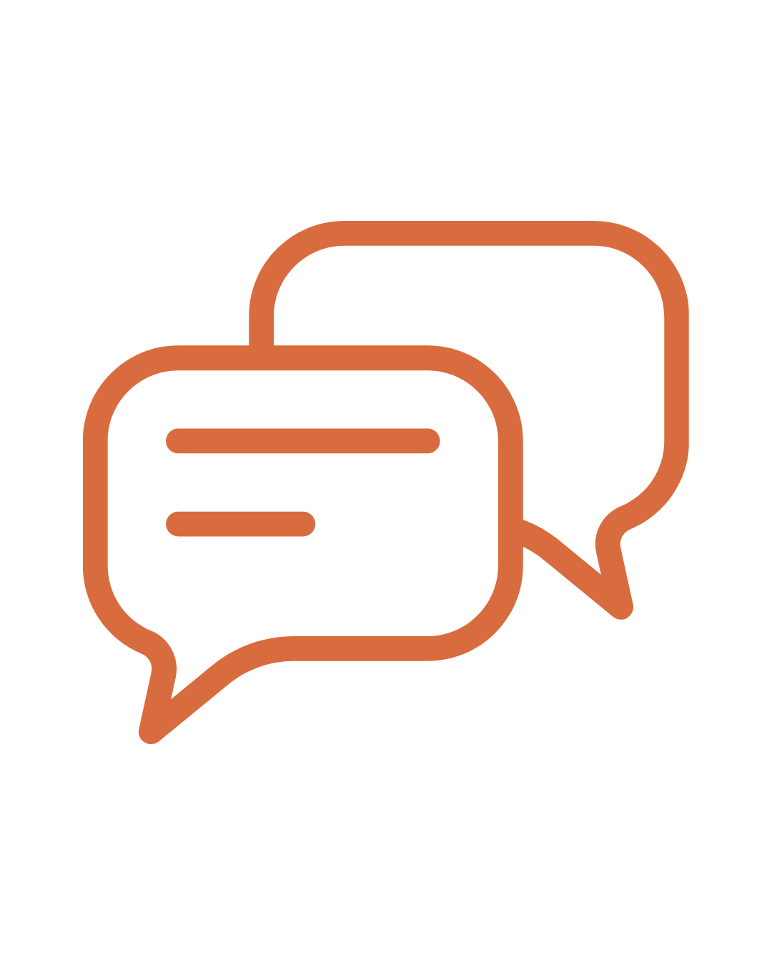Two chat bubble icons, one larger behind a smaller one, outline style in orange color, on a black background.