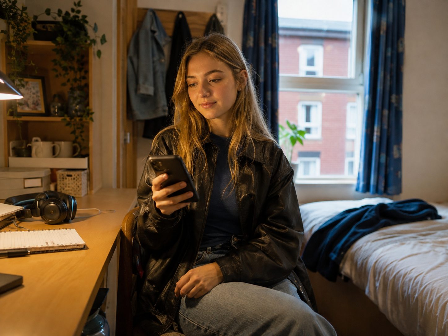Student sitting in university accommodation and checking her phone before heading out, representing journey planning, staying connected and preparing for a safer Freshers’ Week night using Travel Guardian