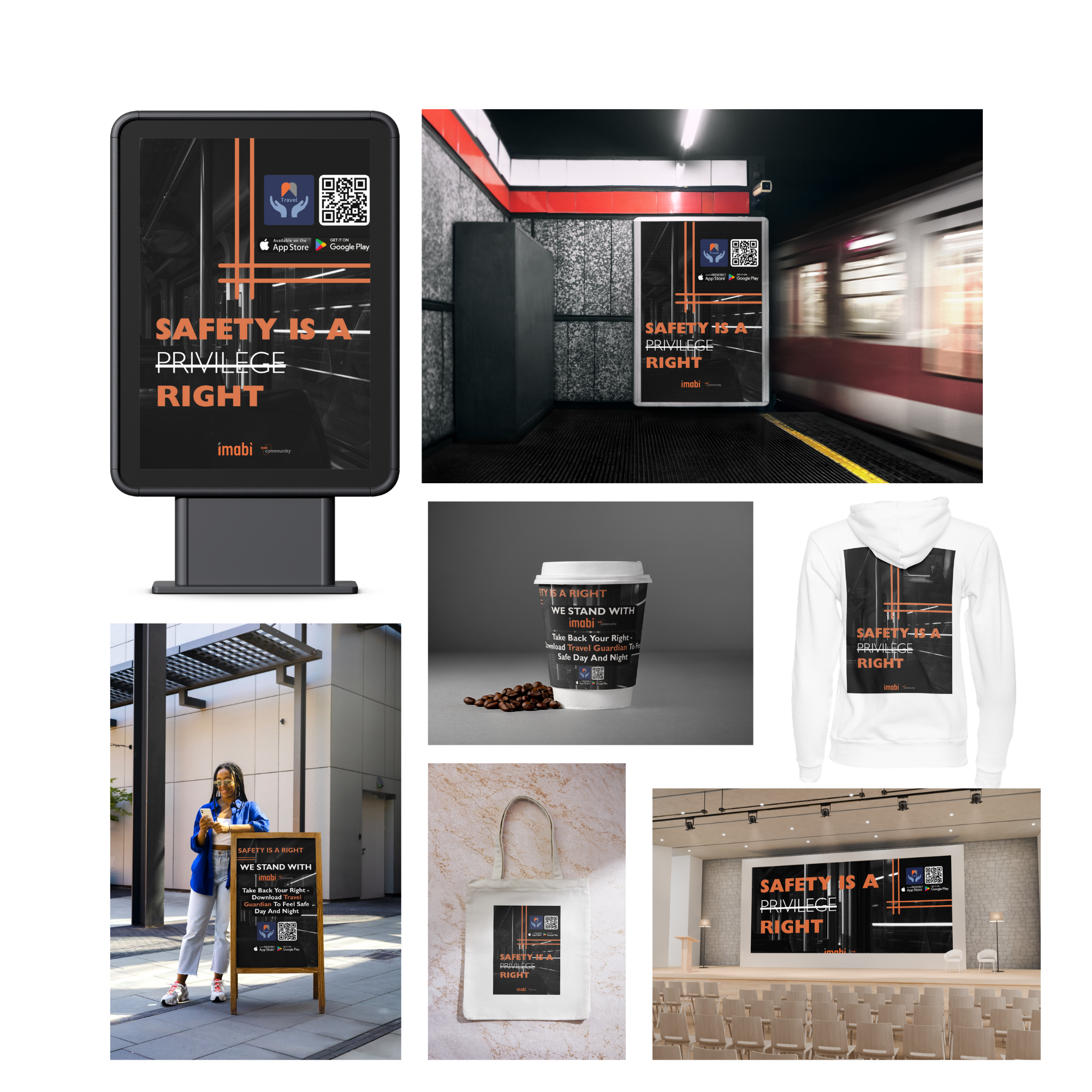 Multiple images including a digital display, a subway station sign, a woman in blue jacket and white pants holding a phone outside, an indoor theater with chairs, and a coffee cup with branding. All images feature the message "Safety is a right" and related safety propaganda.
